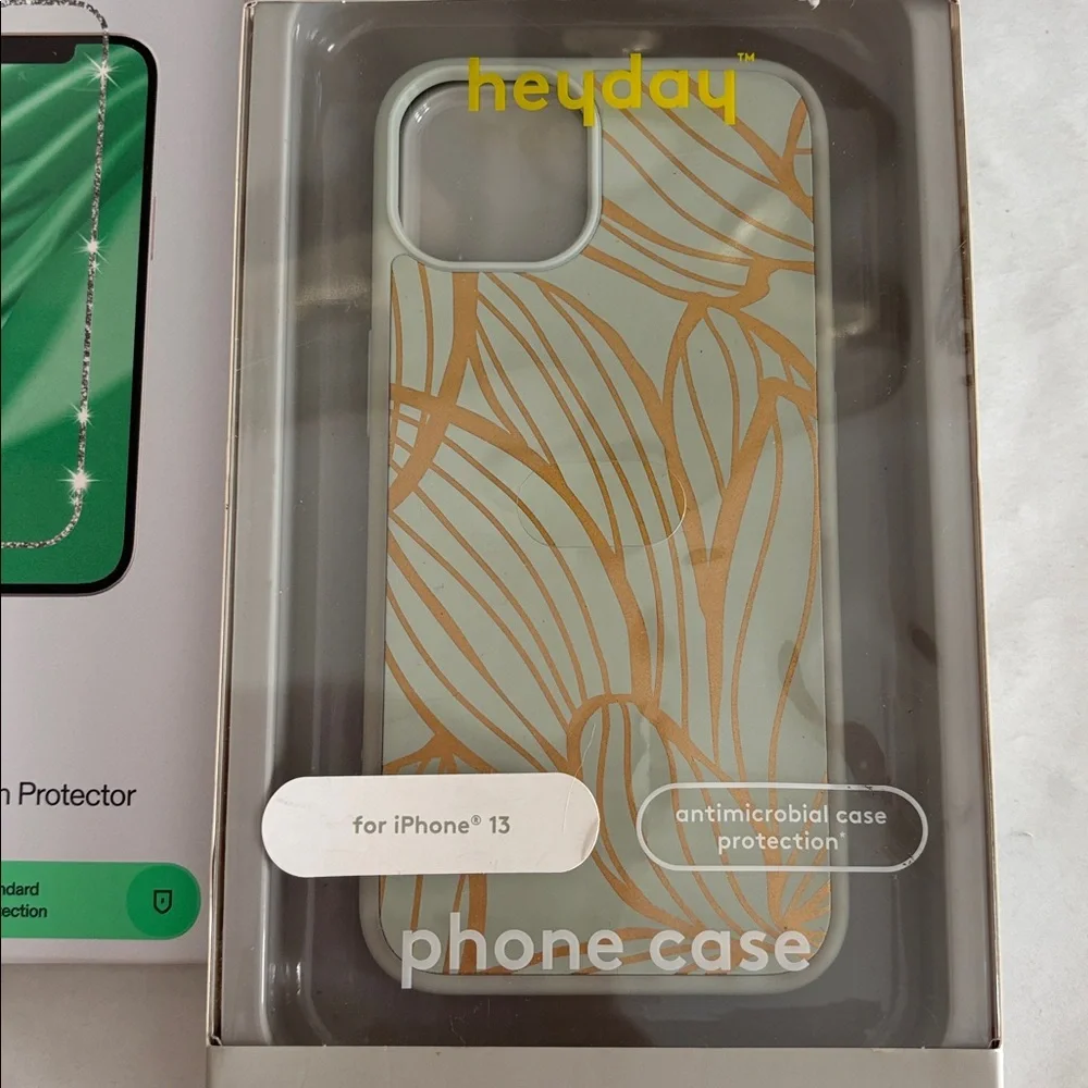 Heyday iPhone 13 phone case sage botanical green gold glitter screen protector